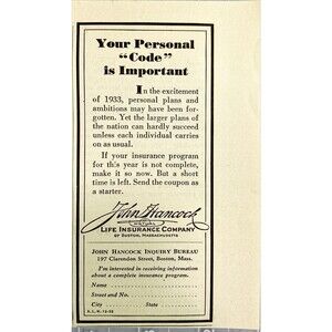 John Hancock Life Insurance *Your Personal "Code" is Important Vtg Print Ad 1933